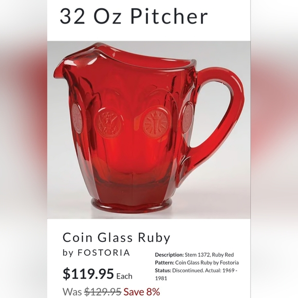 32oz Fostoria "Coin Glass Ruby" Red Heavy Thick Pitcher - Picture 2 of 16
